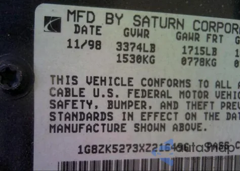 1999 Saturn Sl2 из США, поврежденный, VIN 1G8ZK5273XZ216496